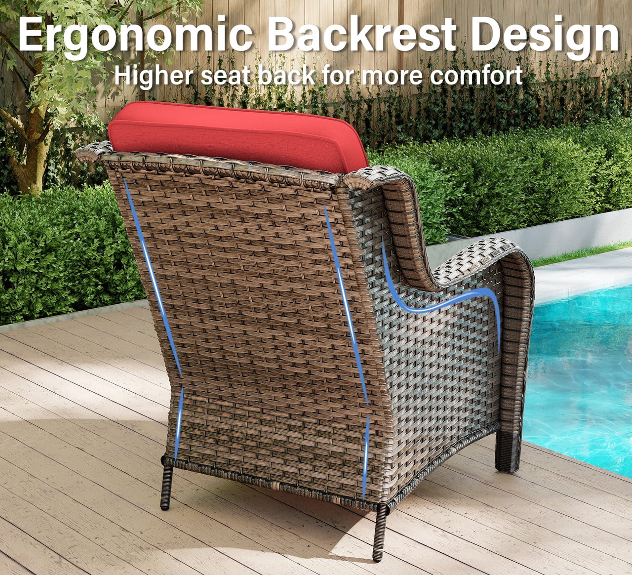 Meetleisure Patio Chairs Set of 2, Wicker Outdoor Furniture with High Back, Deep Seating, Wide Armrest, Thick Cushions, Rattan Chairs for Deck Porch, Red