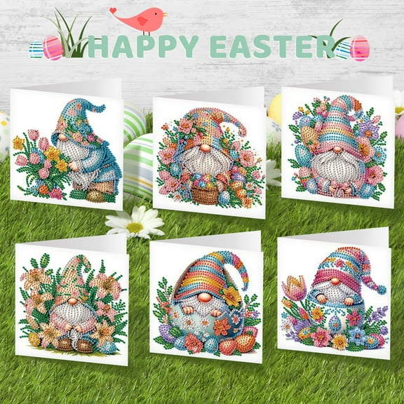 6pcs Diamond Art Painting Kit Greeting Card, Gnome 5D DIY Diamond Handmade Holiday Greeting Card with Envelope, Christmas Gift Congratulation