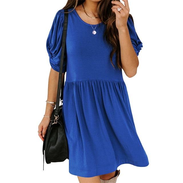 Robe d'Été Décontractée pour Femme à Nœud Torsadé, Manches Courtes Bouffantes, Robe Plissée Évasée avec Poches