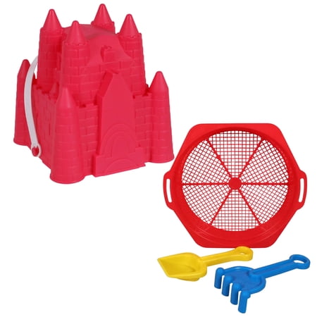 A1 Unlimited Castle Shaped Pail with Handle and Plastic Sifter (RED) with Shovel & Rake Set, Summer Beach Party Gift Favor Storage Organizer Basket Bucket Swimming Sand Castle Building Kit