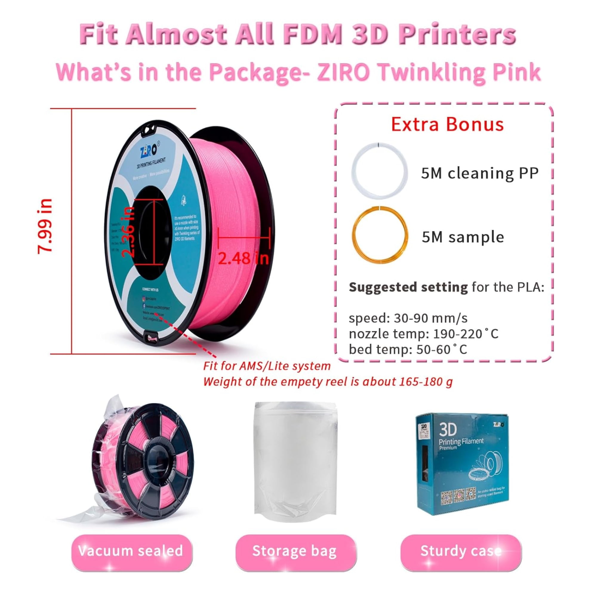 Ziro 3D Twinkling PLA Filament 1.75mm 1kg, Pink