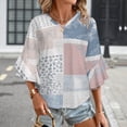 thumbnail image 3 of Patchwork Textile Design Blue Pink Women's V-Neck Blouse With 3/4 Ruffled Bell Sleeves Casual Top Ladies Blouses, 3 of 7