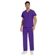 thumbnail image 2 of Men's Workwear Scrubs 2-Piece Uniform Set, Solid Color Cross V-Neck Short Sleeve Pocket Tee and Pants, For Medical Nursing Professionals,Purple,L, 2 of 5