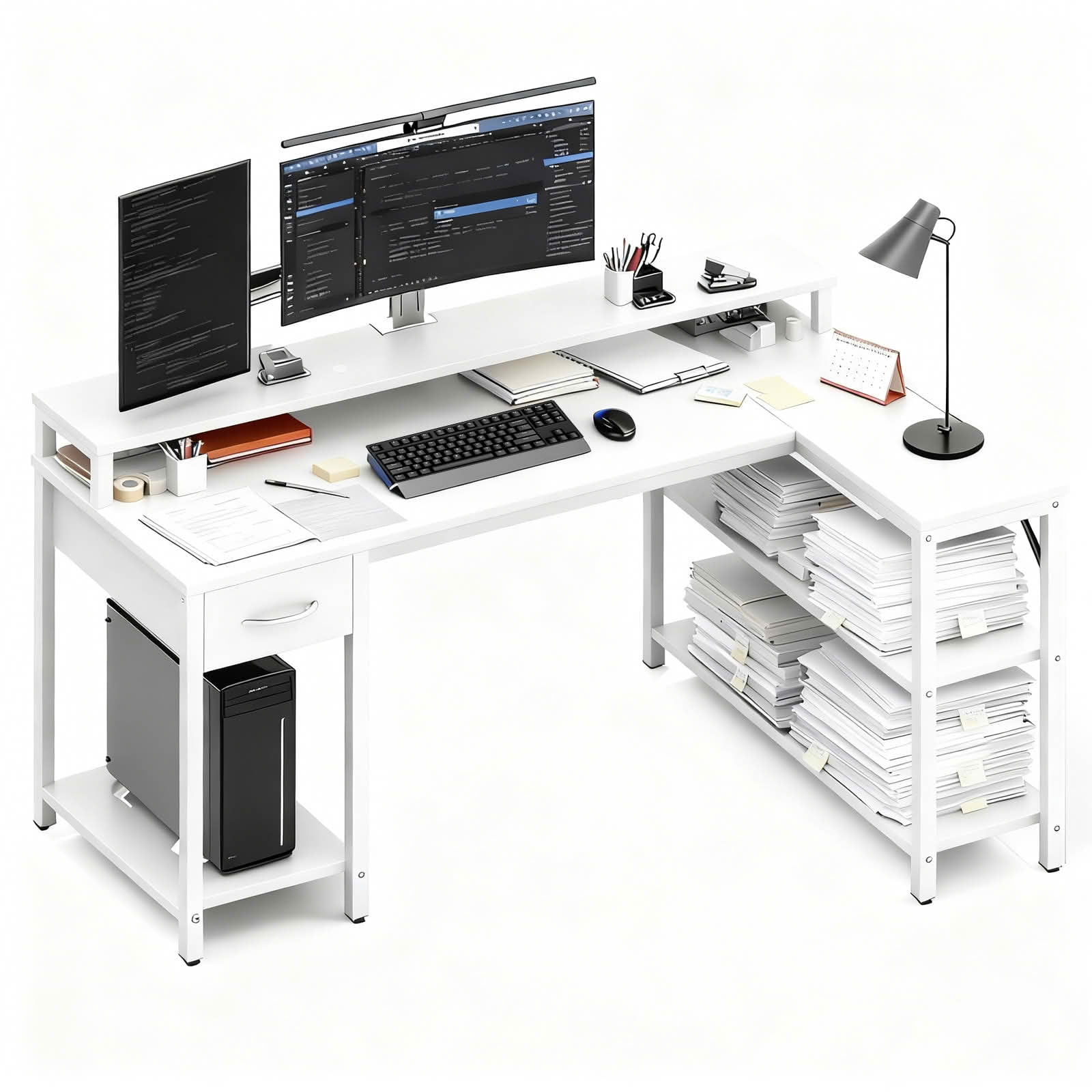 MAYEERTY 53 Inch L-shaped Gaming Table, USB Charging Port & LED Light, Reversible Desk with Power Socket & Monitor Stand