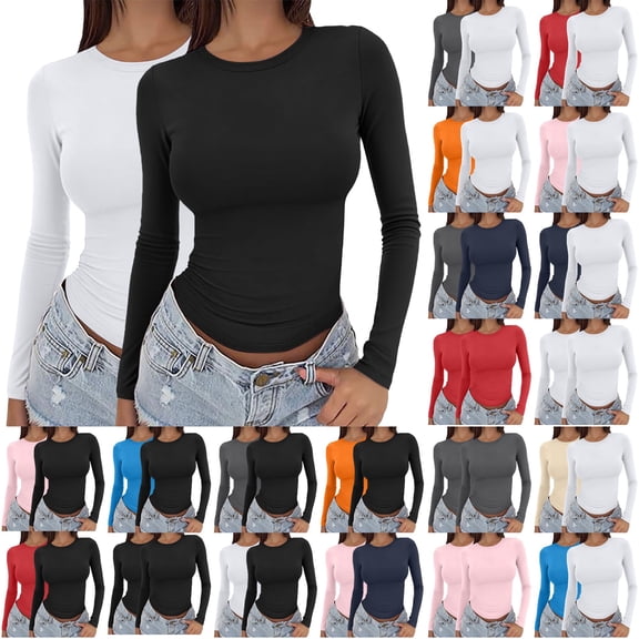 VJGBEGW 2 Pack Women Long Sleeve Crew Neck Shirts Basic Tops Slim Fit Ruch Side Tees Going Out Layering Thirts White L