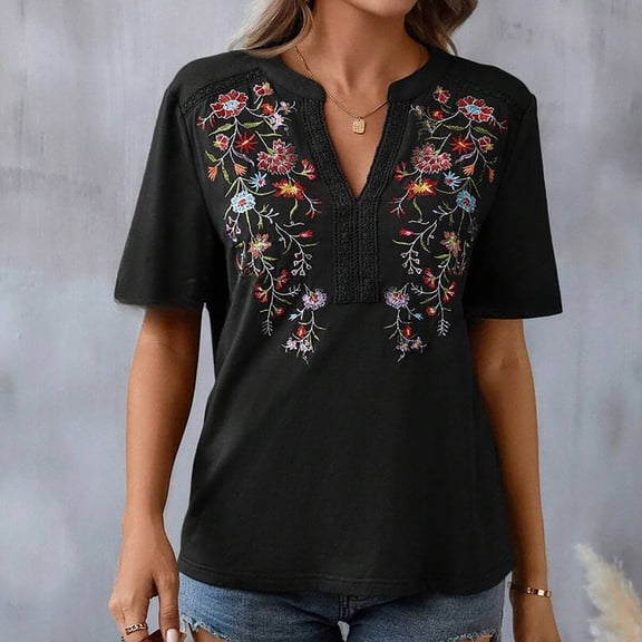 YHAJDS Short Sleeve Sweater for Women V Neck Embroidered Detail Loose Casual Summer Top