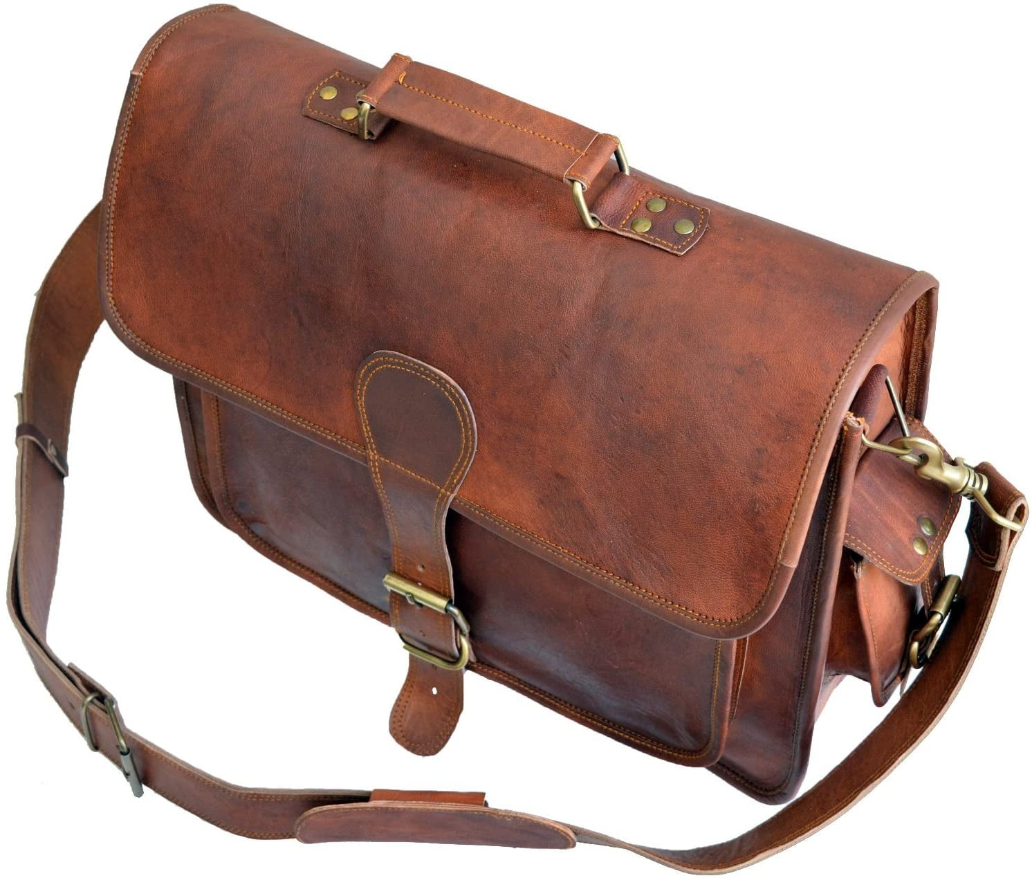 Jaald 16" Leather Messenger Bag Satchel Crossbody Laptop Briefcase Shoulder Bag Gift for Men Women Office Travel Side Purse
