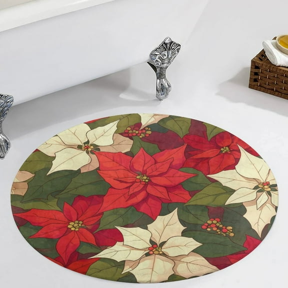 Christmas Poinsettia Red Flower Round Carpet Circle Rug Outdoor Patio Area Rug Washable Large Area Rugs Hallway Room Decor Fitness Mats