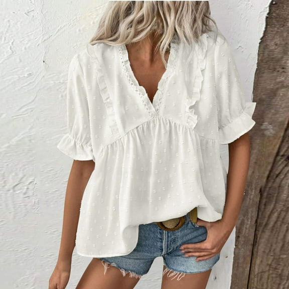 Womens Business Casual Tops Ruffle Short Sleeve V Neck Flowy Dressy Summer Blouses Shirts White XL