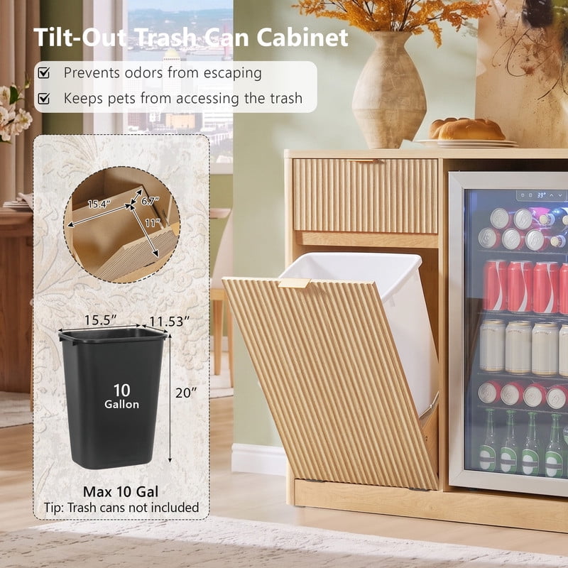 59"W Coffee Bar Storage Cabinet with Small Fridge Space, Kitchen Sideboard Buffet with Tilt-Out Trash Cabinet & Charging Station