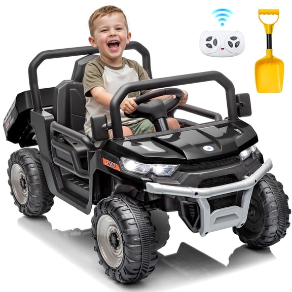 Sunnyfree 12V Ride on Cars for Ages 2-5, Electric Dump Truck with Parent Remote Control, Dump Bed & Shovel, 3 Speeds, Bluetooth, LED Lights, Black
