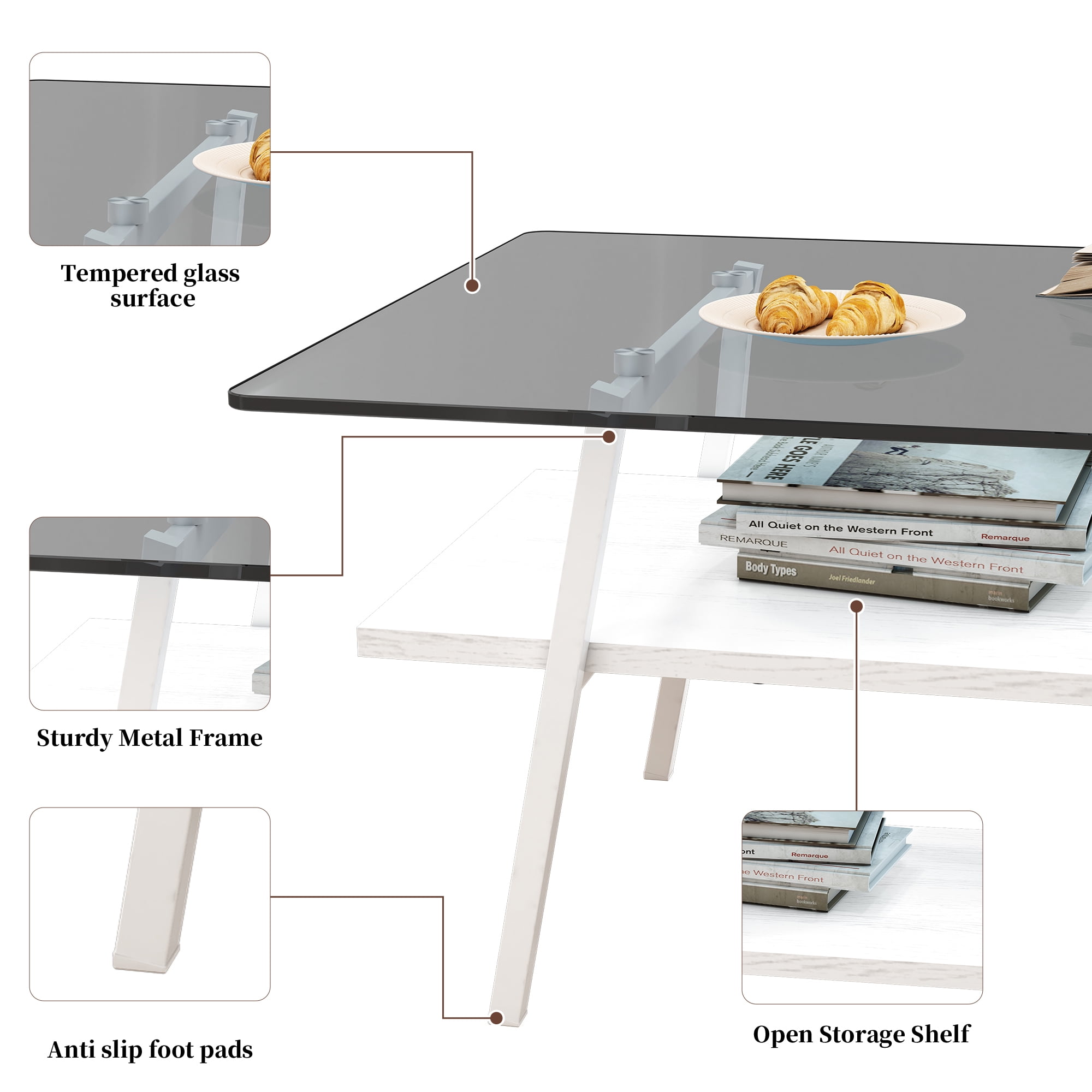 Holaki Glass Coffee Table, Rectangle Tempered Glass Table, 2-Tier Center Table  with Clear Tempered Glass Top Metal Leg, Mordern Home Office Furniture