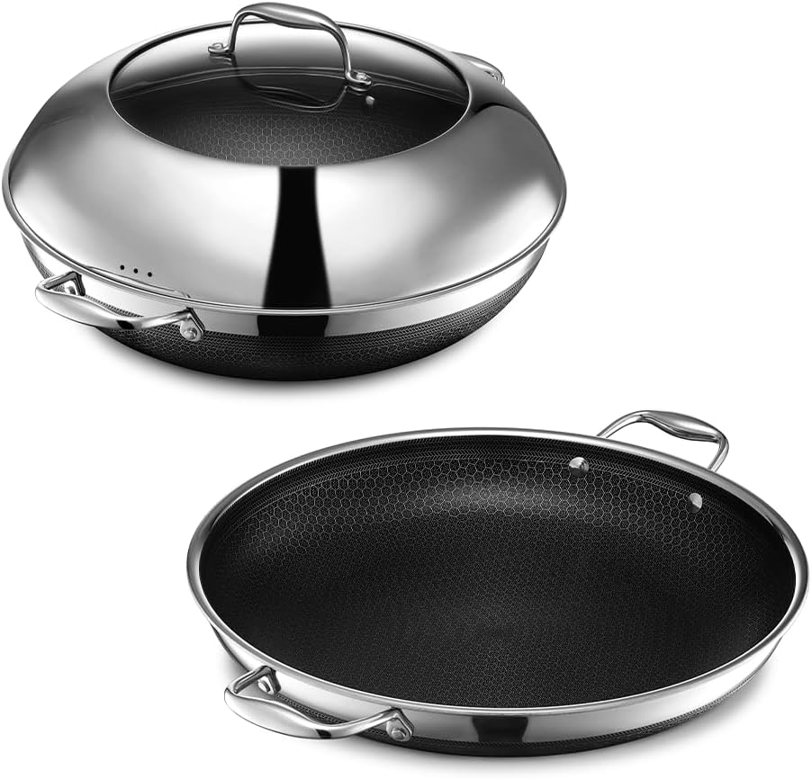 LINGYUAN 4 Piece Hybrid Stainless Steel Cookware Set - 14 Inch Wok and14 Inch Frying Pan with Lid, Stay Cool Handles, Dishwasher and Oven Safe, Non-Stick