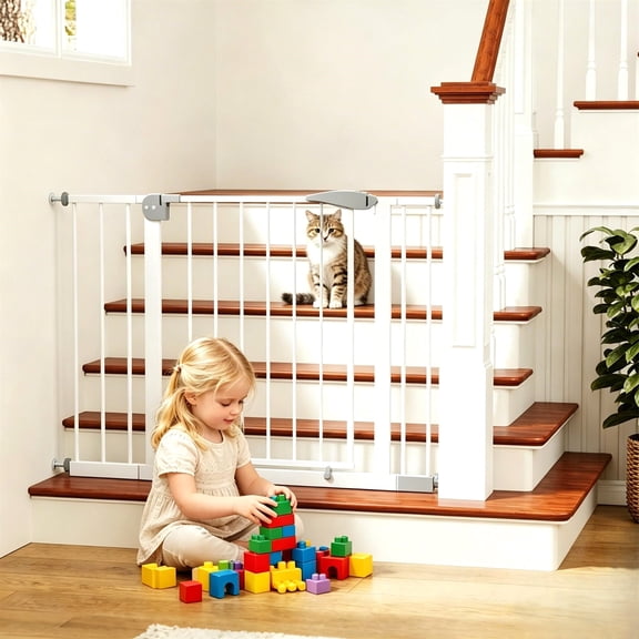 Leumius 29.5-44.1" Wide Baby Gate for Stairs, Dog Gate Indoor for Doorways, No Drilling Pressure Mounted Pet Gates for Kids White