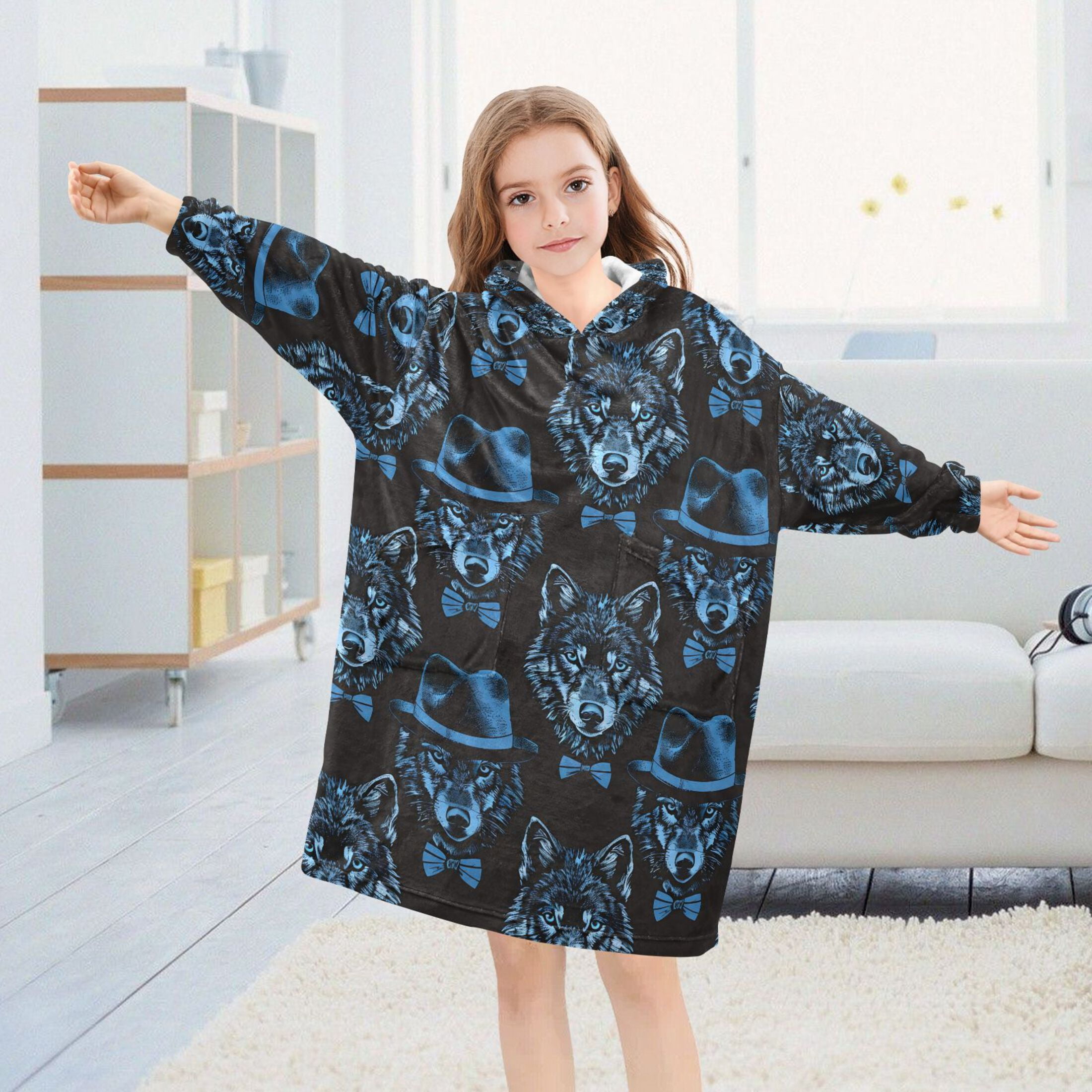 joogoo Blanket Hoodie for Blue Wolf with Hats Oversize Sweatshirt 3-14 YR L