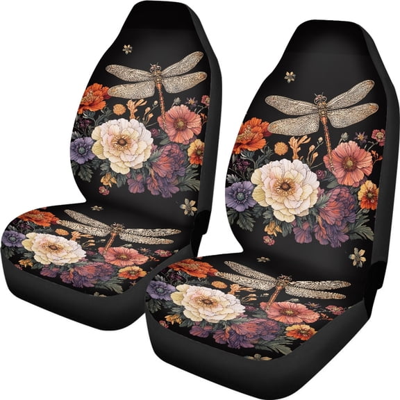 XYZCANDO Car Seat Covers Dragonfly Flowers 2 Pack Front Seat Cover Protector Truck SUV Van Soft Anti-Slip Car Interior Decor