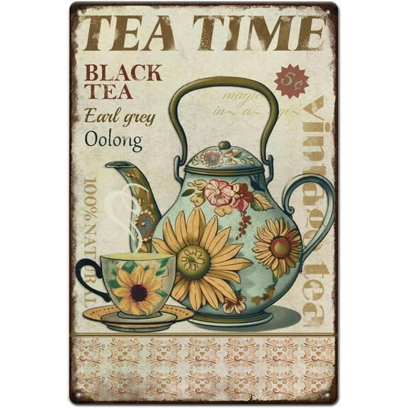Tea Time Tin Sign Teapot Teacup Metal Tin Sign Vintage Tin Signs Kitchen Metal Plaque for Restaurants Pubs Coffee Bar Vintage Metal Poster Wall Decoration Housewarming Gifts DIY