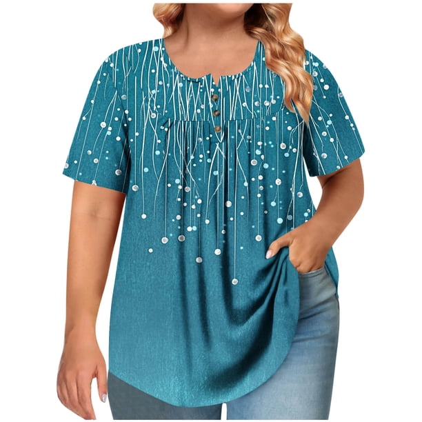 Tops de Tamaño Más de las Mujeres, Manga Corta de Tamaño Más, Cuello Redondo Botón Arriba Plisado Superior