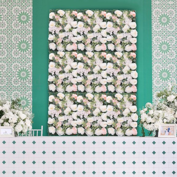 6 Pcs White Pink Flower Wall Panel Floral Backdrop, 24*16in Silk Rose Faux Artificial Flower Wall Wedding Party Home Decor