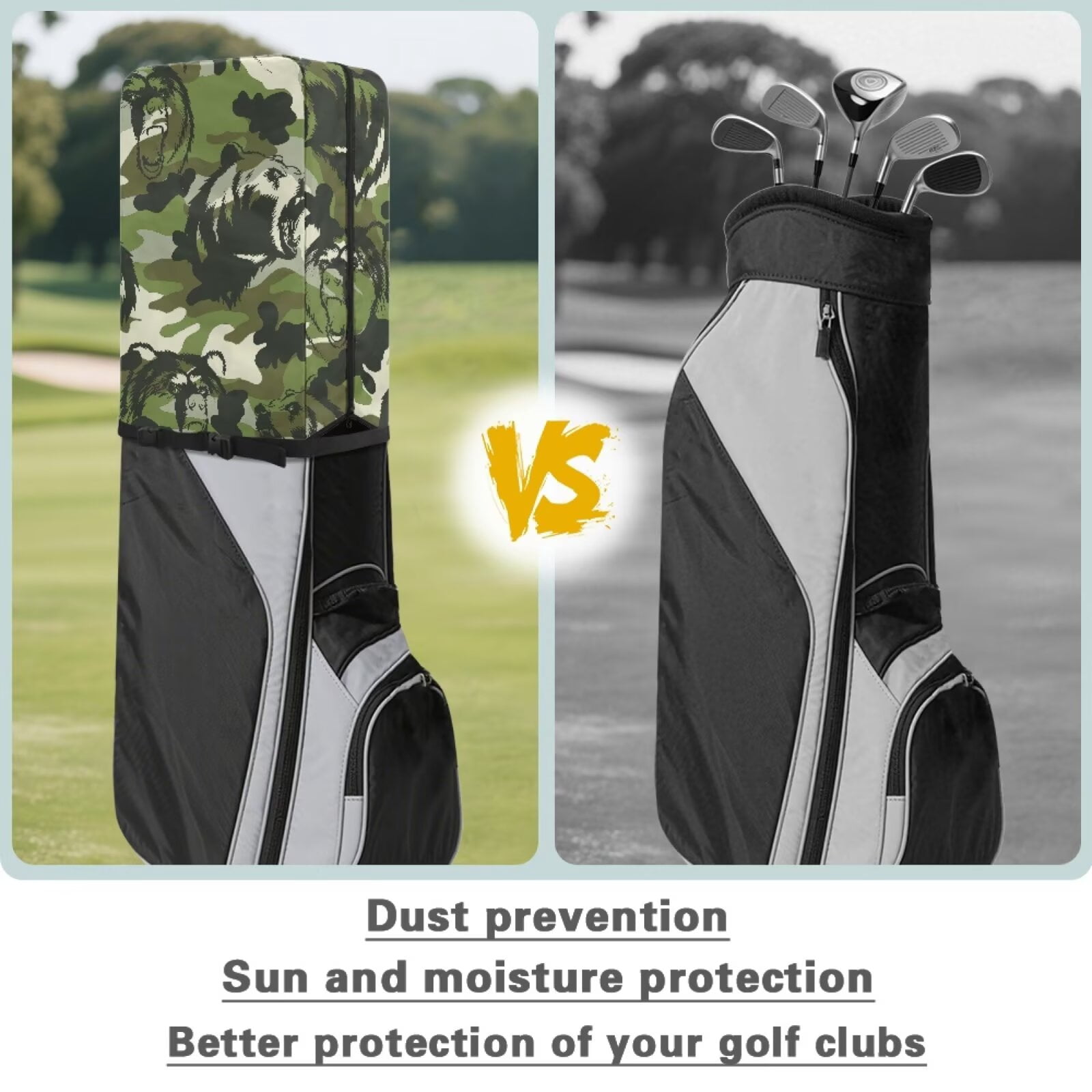 Chririnla Camo Bear Hood Golf Bag Cover Waterproof Rain Cape Dust Protection Cover for Clubs, Fits Most Stand Bags, Cart Bags & Tour Bags