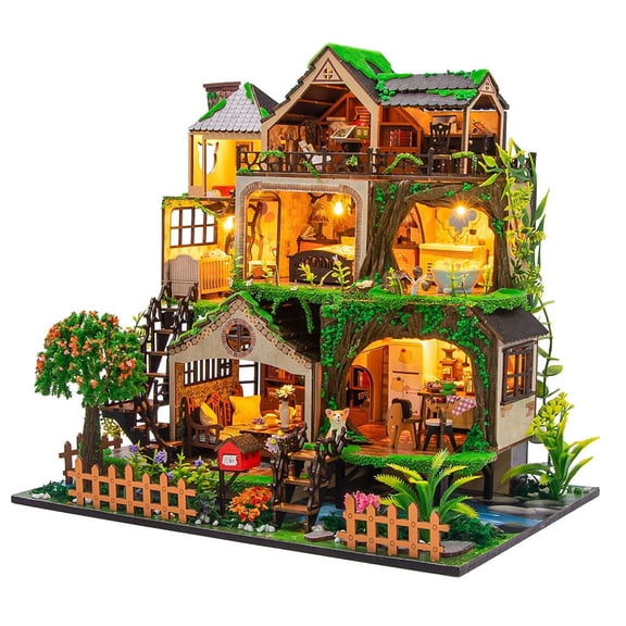 DIY Forest Villa Dollhouse Kit, Wooden Miniature House with LED Light & Decor