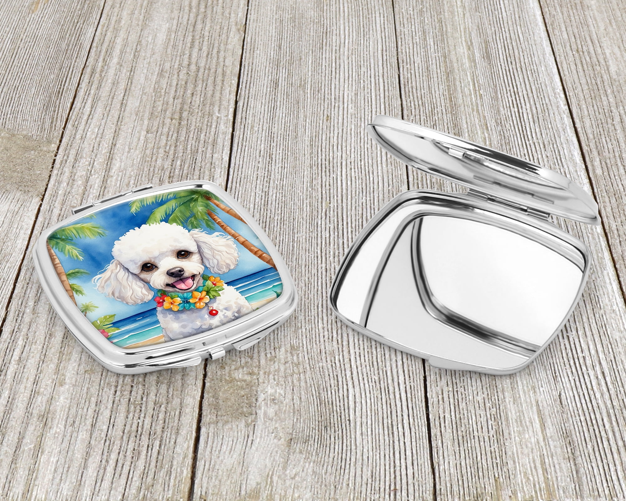 White Poodle Luau Compact Mirror 2.75 in x 3 in