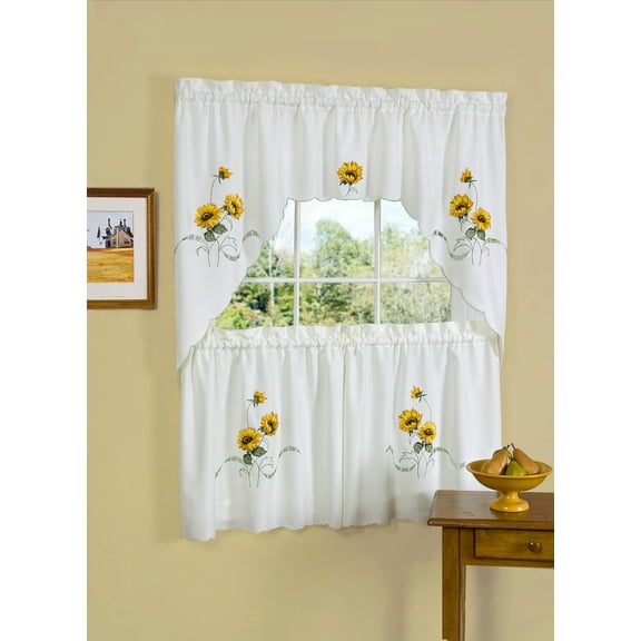 Woven Trends 57' W x 24' L Light Filtering Window Kitchen Curtain Set, 3-Piece Sunflower Themed Cafe Curtain with Swag and Tier Panels Set, Embellished Small Tier Pair with Valance, Multicolor