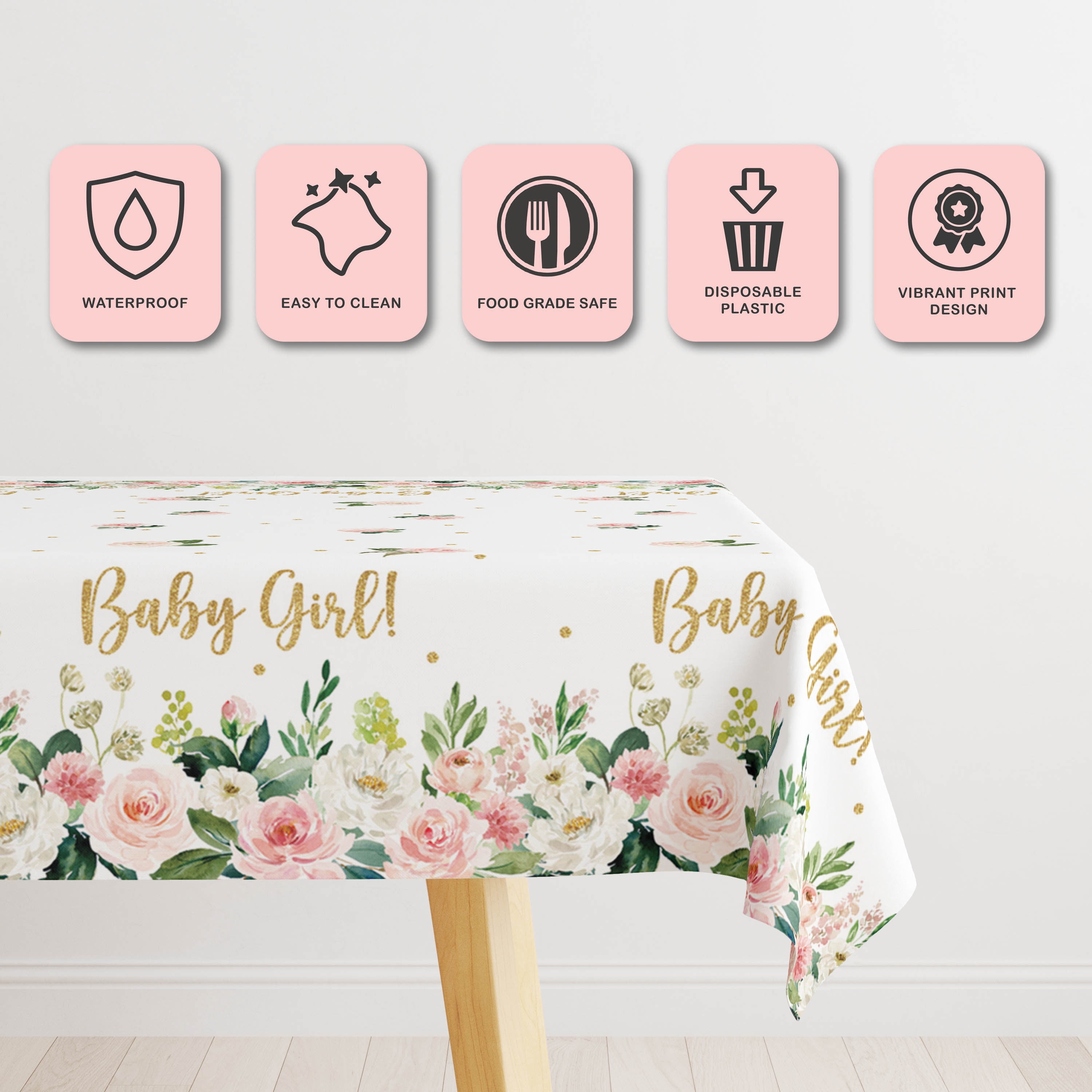 Baby Shower Tablecloth Set – Rose Pink Floral Design, Disposable Plastic Tablecover For Girls’ Parties, 3-Piece