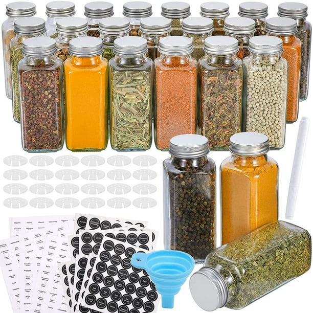 24 Pcs Glass Spice Jars with Spice Labels - 8oz Empty Square Spice Bottles - Shaker Lids and Airtight Metal Caps - Chalk Marker and Silicone ...