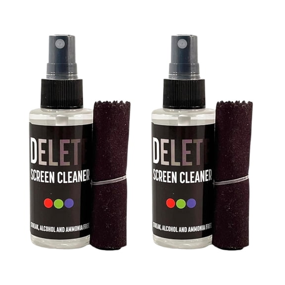 Delete Screen Cleaner Spray Kit, 2 Pack, 2oz Bottle and 12"x12" Microfiber Cleaning Cloth, Streak-Free, Safe and Gentle Formula, Multi-Purpose for Travel, Small TVs, Cameras, Laptops, Phones