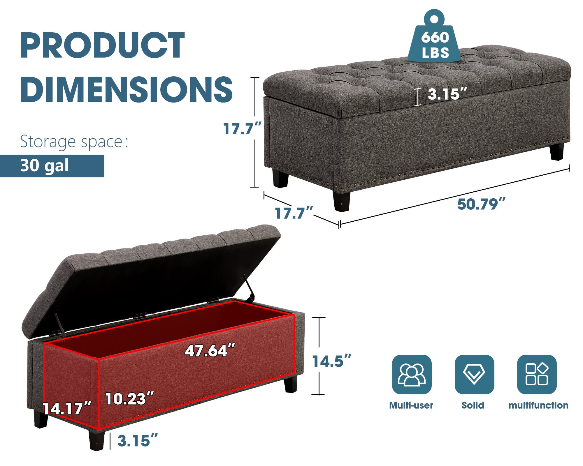 Haverchair 51" Ottoman Storage Benches, 30 Gallons End of Bed Storage Bench, Large Rectangular Storage Ottoman, Button-Tufted Ottoman with Storage for Living Room Bedroom, Foot of Bed (Gray)