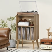 LELELINKY Mid-Century Record Player Stand with Storage Vinyl Record Cabinet Record Player Table Turntable Stand Large Record Holder Holds for Bedroom Living Room, Oak