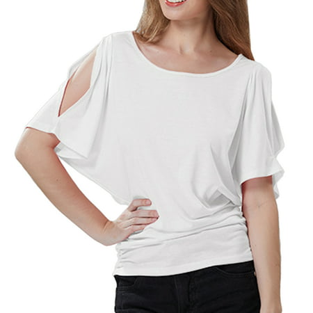 Women-Clothes Blouse Bat Sleeves Off Shoulder Women Short Round Neck Loose Shirt for Party