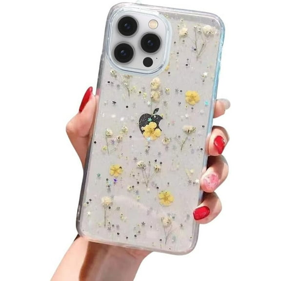 Designed for iPhone 15 Pro Max Flowers Case, Soft Clear Flexible Rubber Pressed Dried Real Flowers Case Girls Glitter Floral Protective Phone Cover for iPhone 15 Pro Max -Yellow
