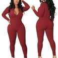 thumbnail image 2 of GERsome Women Yoga Jumpsuits Workout Ribbed Long Sleeve Zip Front Sport Jumpsuits, 2 of 7