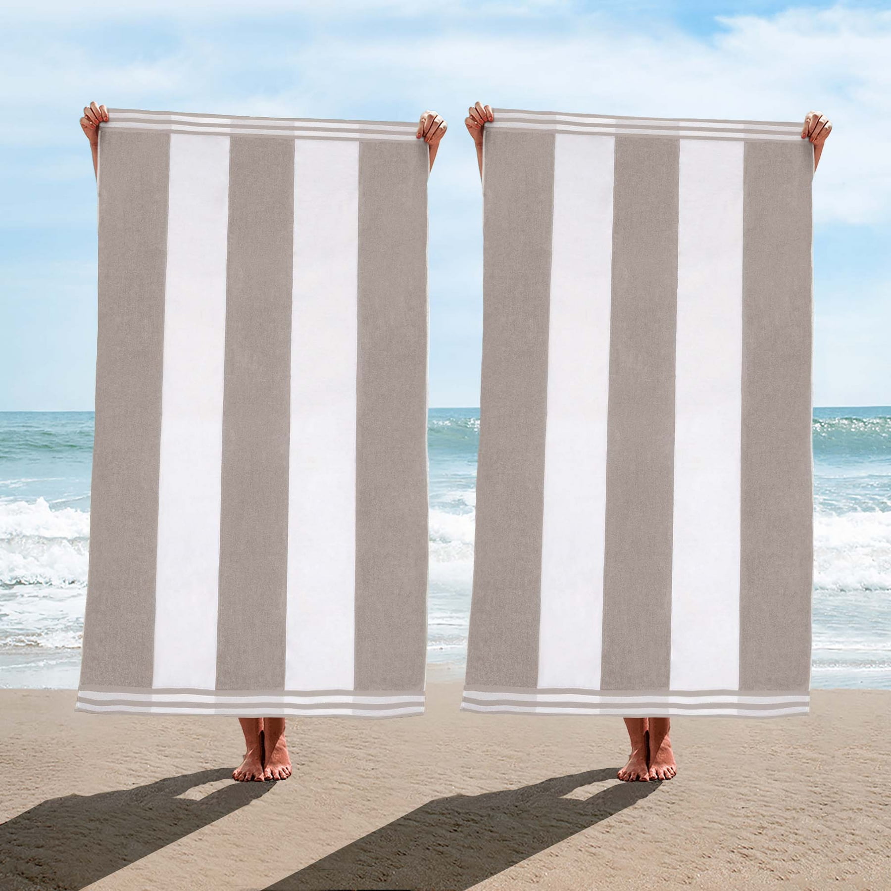 Superior Cabana Striped 2-Piece Oversized Cotton Beach Towel Set, Light Grey