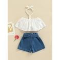 thumbnail image 4 of Caoirhny Toddlers Girls Two-Piece Outfits, Solid Color Lace Crochet Halter Neck T-Shirt + Waist Belt Decoration Denim Shorts, 4 of 9