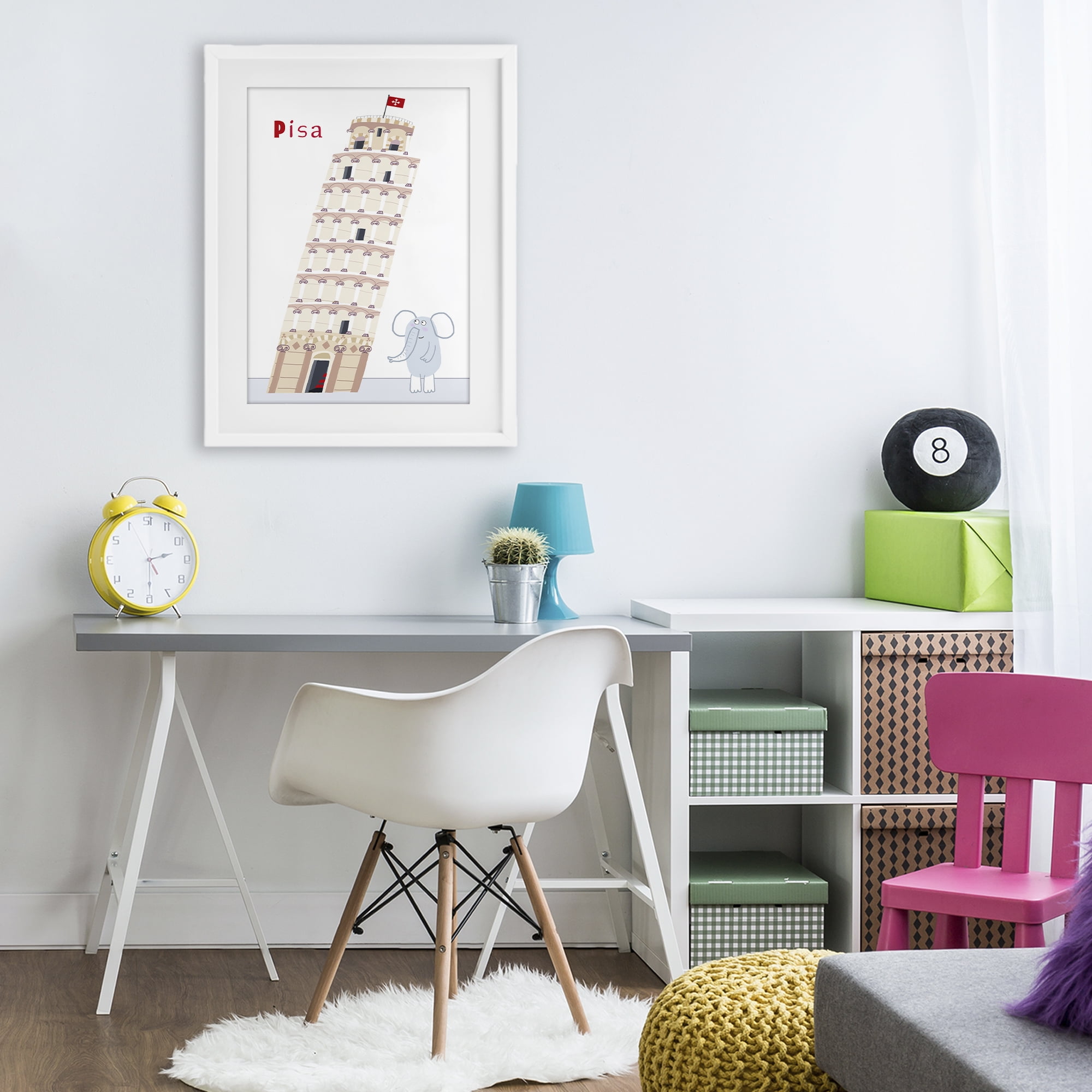 Elephant & Leaning Tower Pisa White Framed Print Under Glass, design by Carla Daly