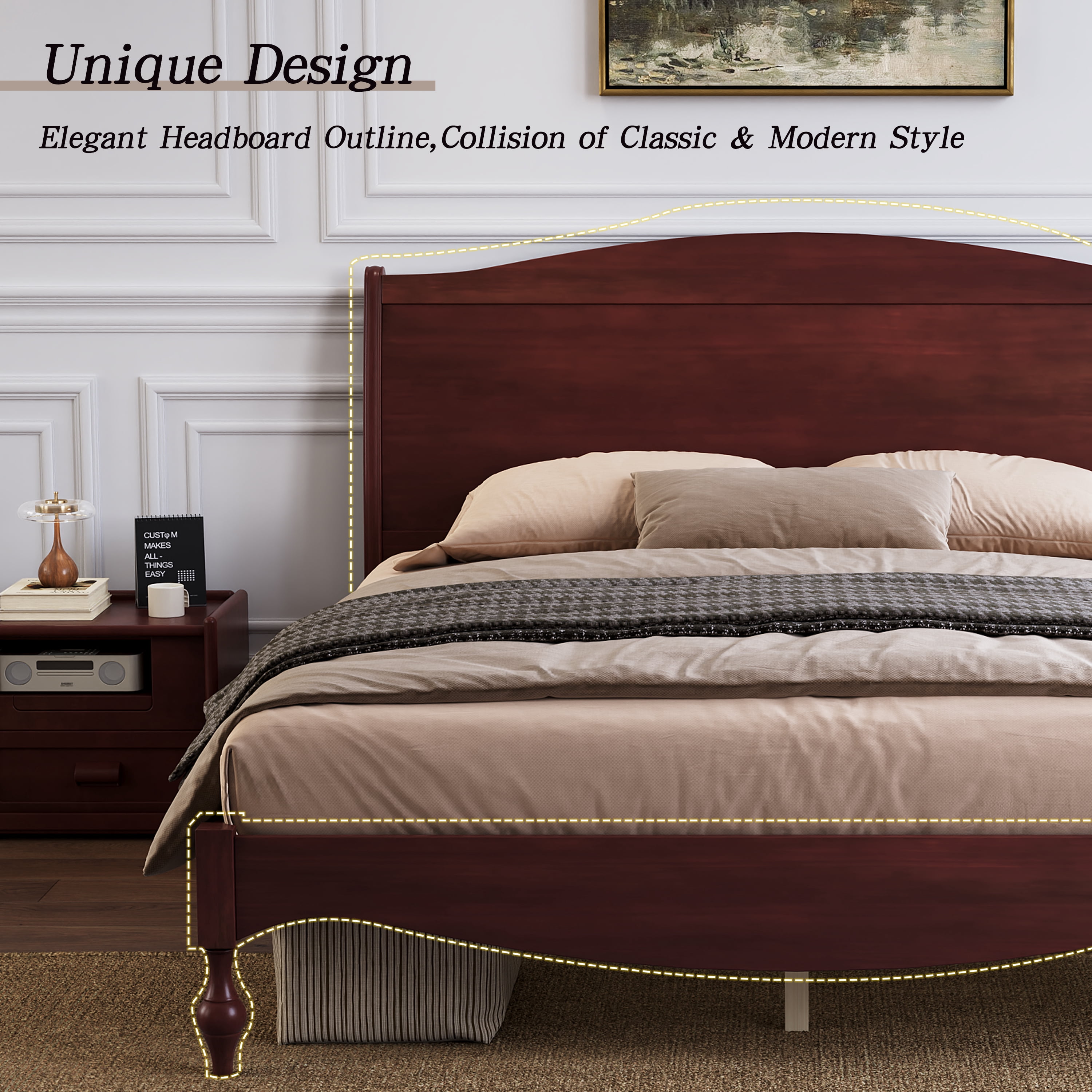 Mintazer Vintage Curved Full Platform Bed with Traditional Arched Headboard & Turned Legs for Bedroom, No Box Spring Needed, Easy Assembly, Dark Walnut