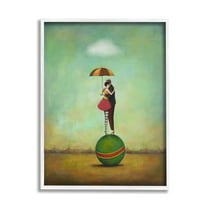 Surreal People & Umbrella Balancing Green Striped Ball Novelty Painting Framed Art Print Wall Art