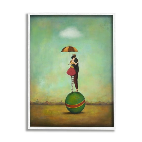 Surreal People & Umbrella Balancing Green Striped Ball Novelty Painting Framed Art Print Wall Art