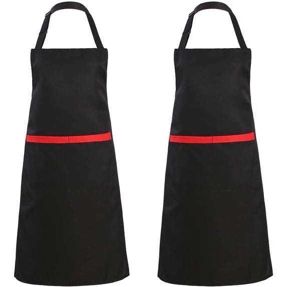 HZKAICUN 2 Pieces Cotton Linen Waterproof Bib Kitchen Apron with Pockets - Long Ties Adjustable Neck Strap - Unisex BBQ Cooking Drawing Crafting Aprons for Women Chef (black, 2)