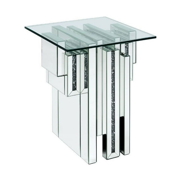 ACME Noralie Square Glass Top End Table in Mirrored and Faux Diamonds