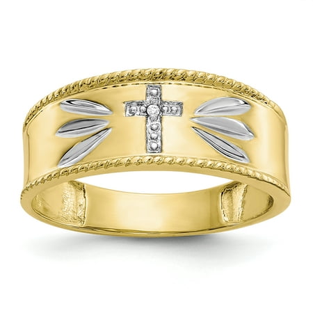Men's 10K Two-Tone Gold Diamond Cross Wedding Band Ring (0.004 CTTW, I-J Color, I2 Clarity)