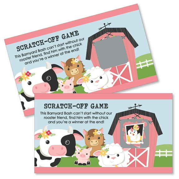 Big Dot of Happiness Girl Farm Animals - Pink Barnyard Baby Shower or Birthday Party Game Scratch Off Cards - 22 Count