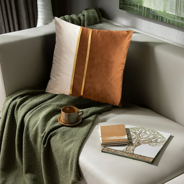 Funda de cojín de terciopelo patchwork | Funda de cojín decorativa cuadrada de 45 x 45 cm | Cremallera oculta para sofá, cama o silla | Tejido lavable de fácil cuidado en gris, marrón, verde y