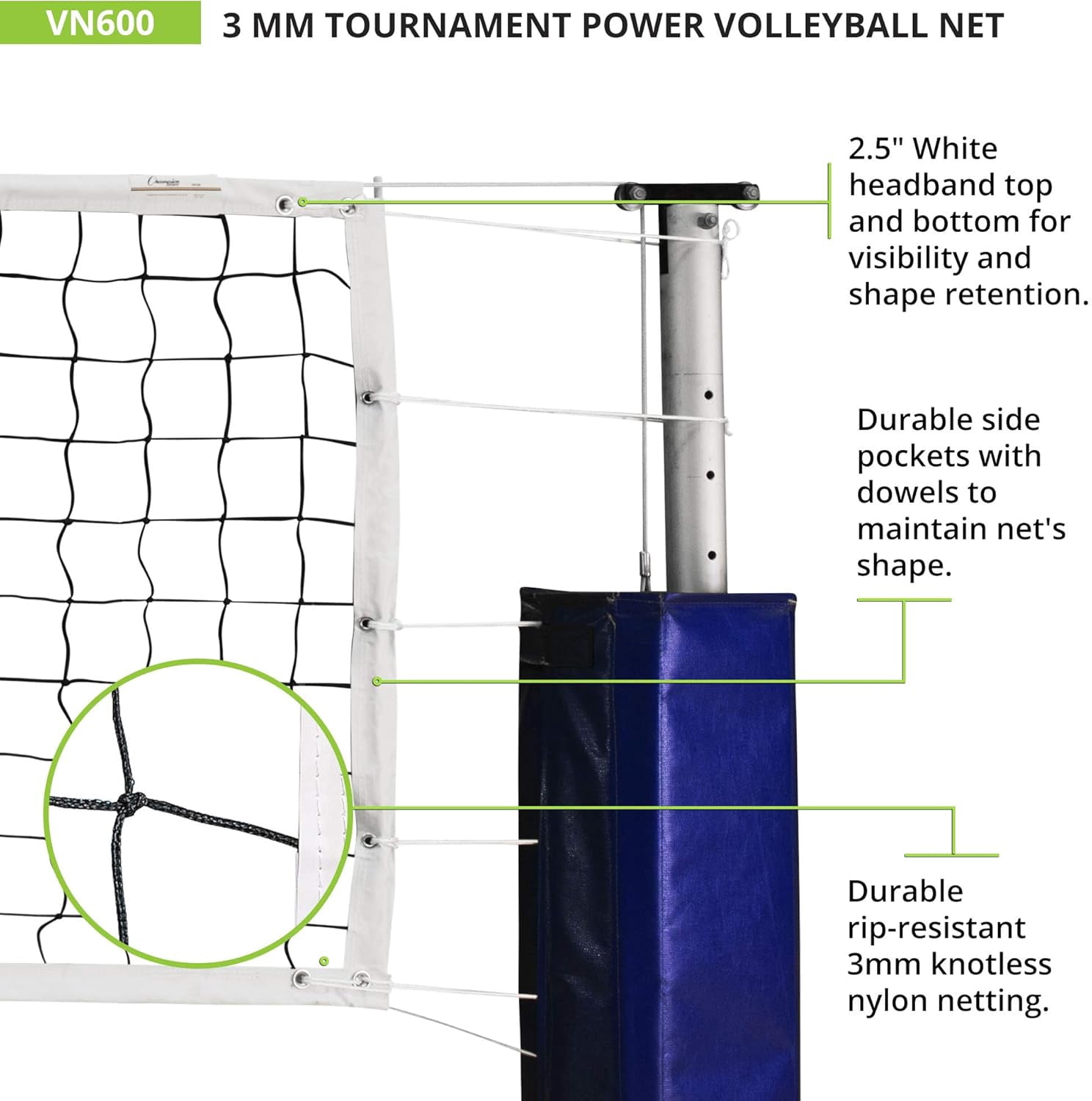 Champion Sports VN600 Official Tournament and Olympic Sized Volleyball Nets, Tournament (32' x 3'),Black/White