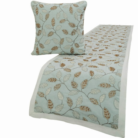 King / Queen / Twin Blue Decorative King 90"x18" Bed Runner WITH Pillow Cover, Embroidery, Beaded & Leaf Pattern Bed Scarf on Linen fabric - Ester