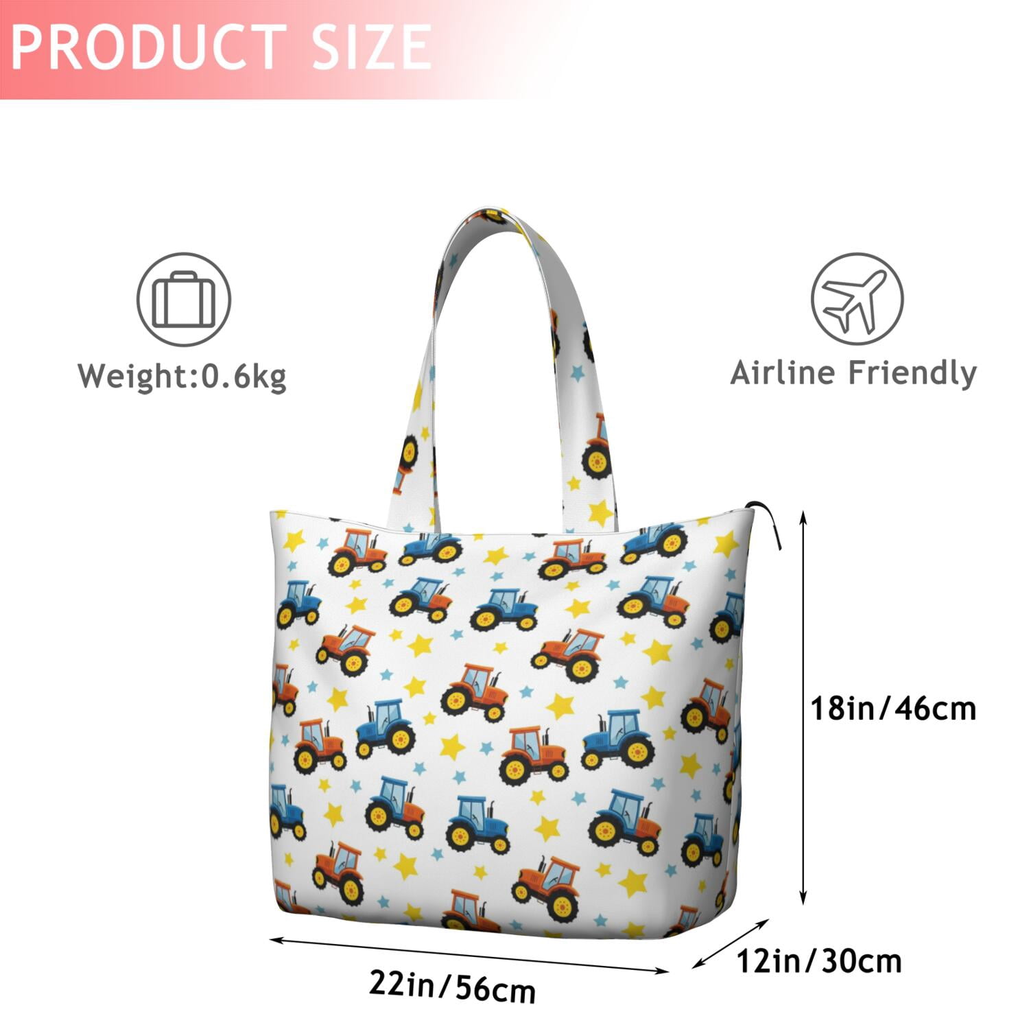 Cartoon Tractors Stars White Pattern Travel Tote Bags for Women Carry On,Large Weekender Bags for Women Travel,Multi Functional Duffle Bag for Work,Shopping,Sports