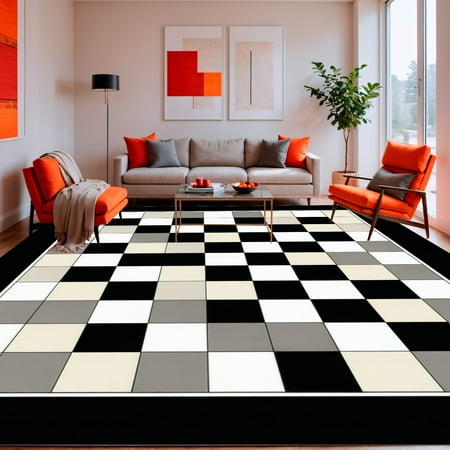 ODIKA 4'x6' Machine Washable Non-Slip Area Rug, Checker Mosaic Grid with Bold Contrasting Squares and Subtle Linework Detailing High Traffic Rug, Beige, 187224